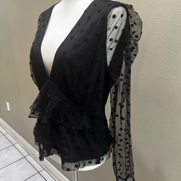 Missguided Dobby Mesh Black Long Puff Sleeve Women’s Blouse Top V Neck EUC - Picture 8 of 14